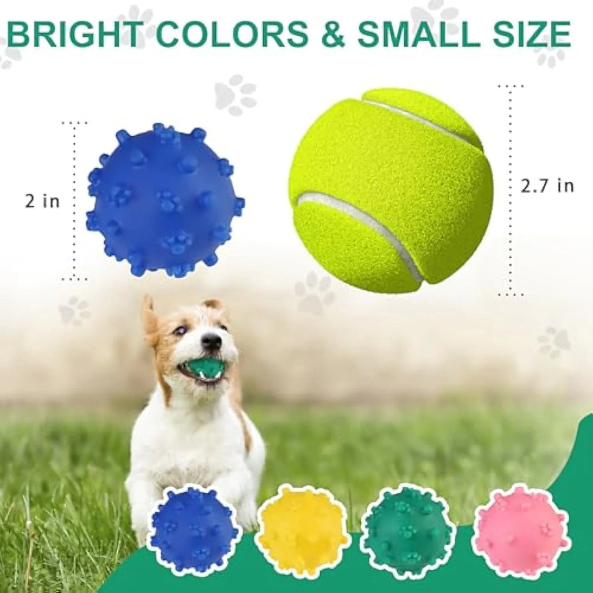 Bright coloured spiked dog ball with paw print dimples measuring 2 inches diameter for small dogs