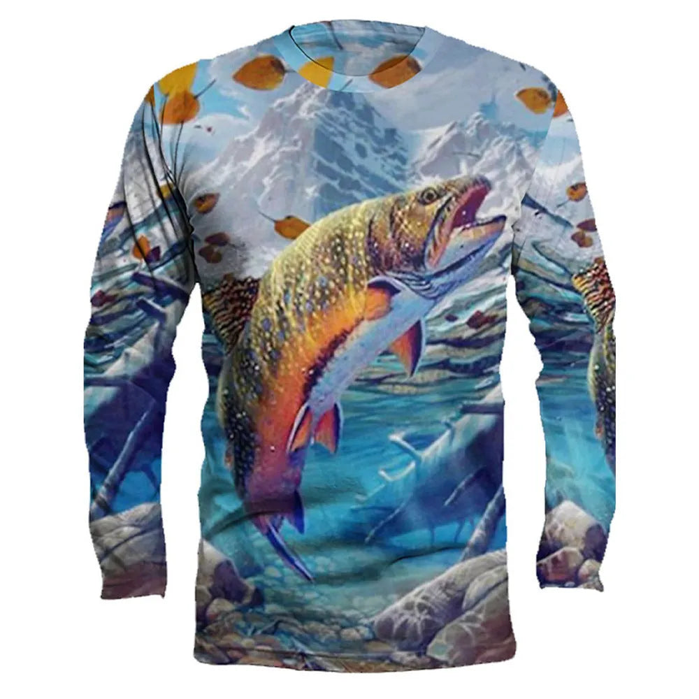 Men's grey pullover with a printed fish design on the chest, long sleeves, and a round neck.