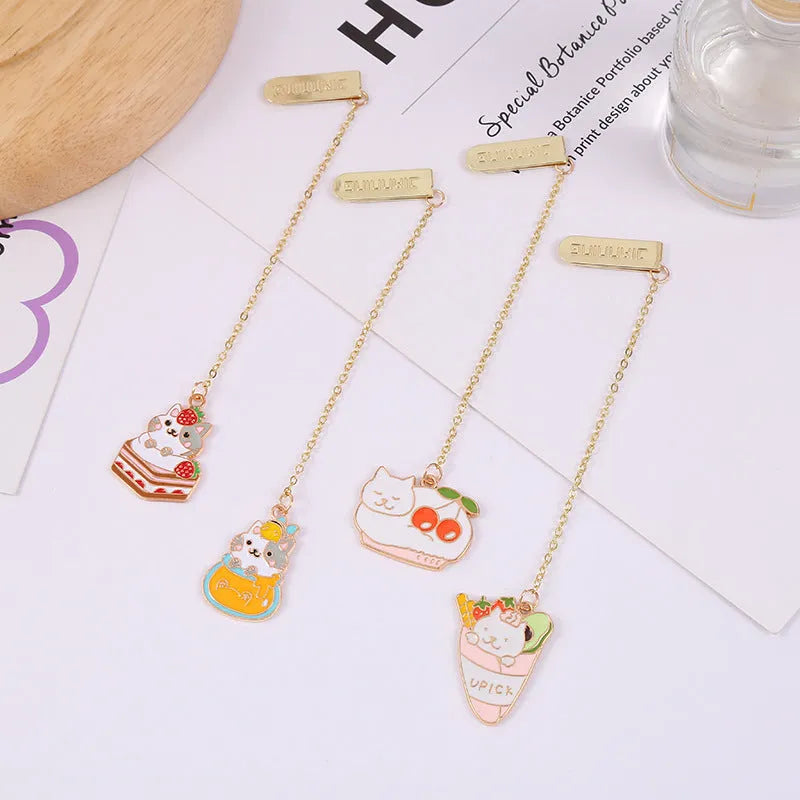 Jane Lime cat metal bookmark with cartoon pendant in four colour designs measuring 3.8cm by 18.3cm