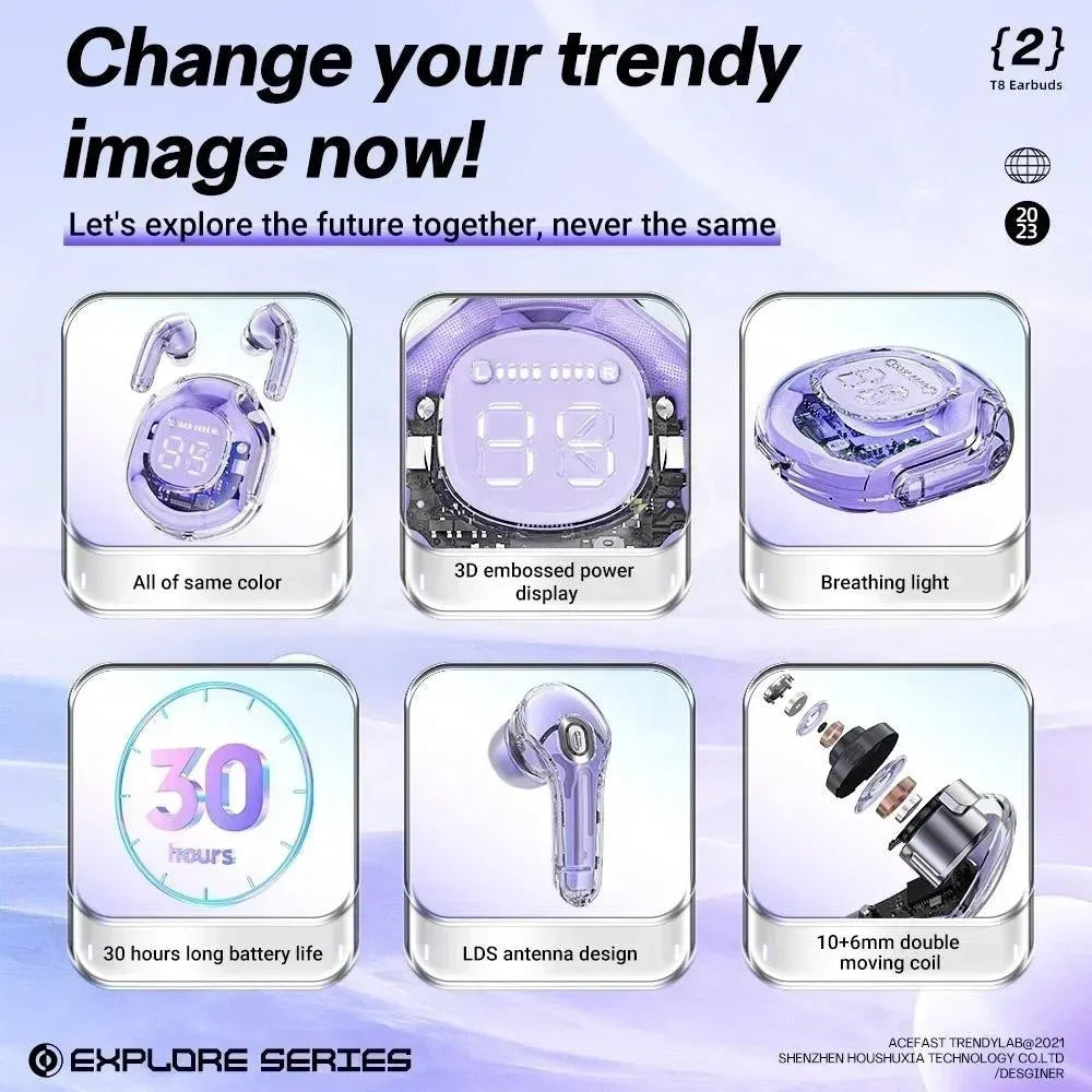 Wireless Bluetooth in-ear headset shown in black, white, pink, sky blue, and violet colour options.