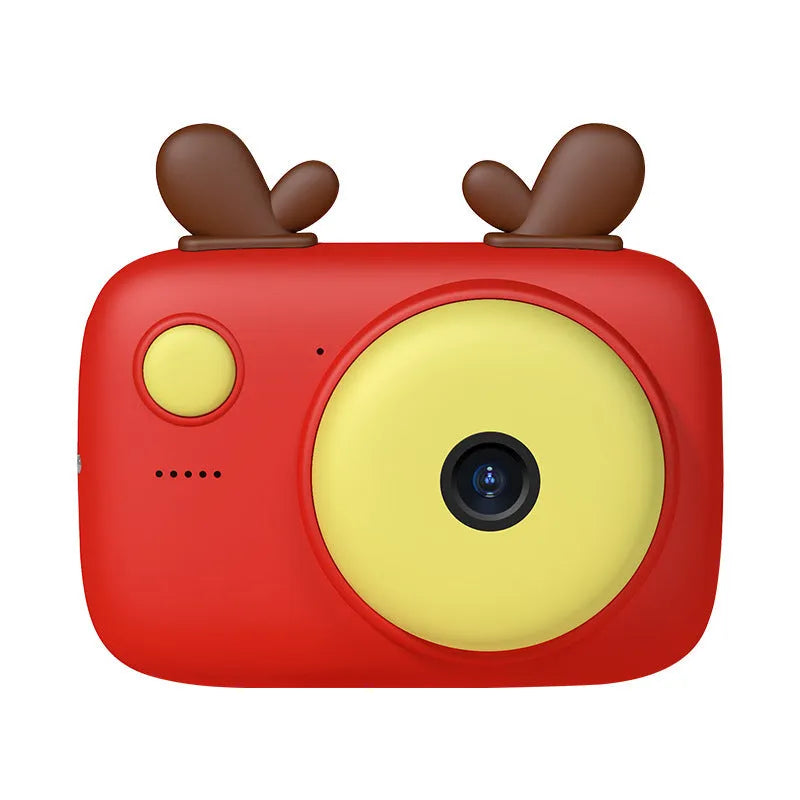 A2 Macaron shaped kids digital camera with colour options, showing front and rear cameras and a 2.4 inch screen.