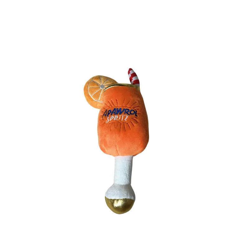 Yellow plush wine glass shaped squeaky dog toy with teeth-cleaning feature