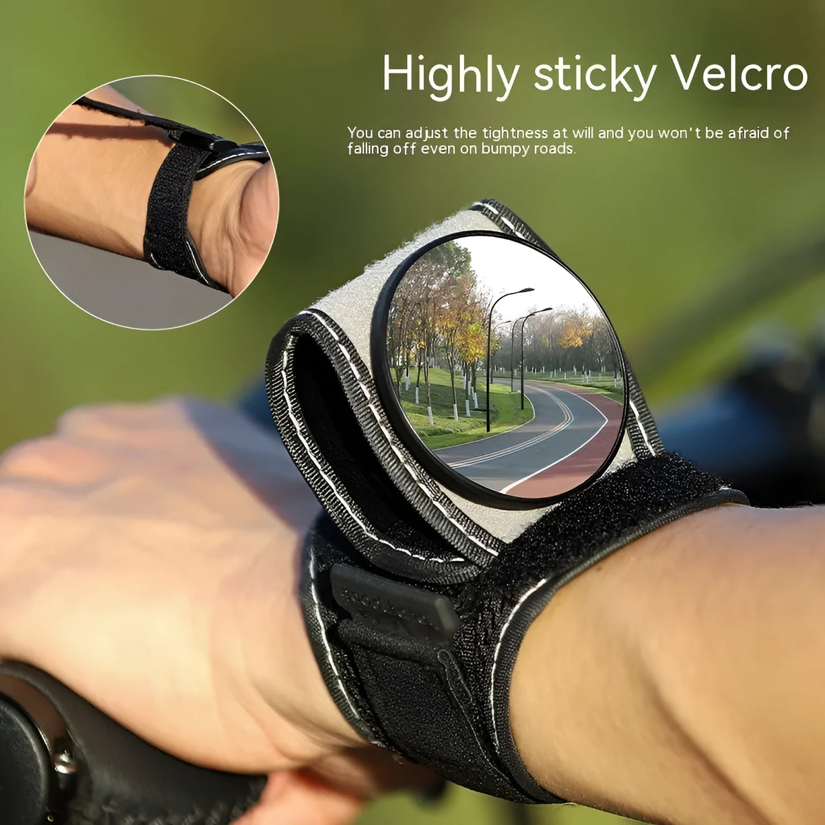 Black nylon cycling rear-view mirror fixture mounted on bicycle handlebars.