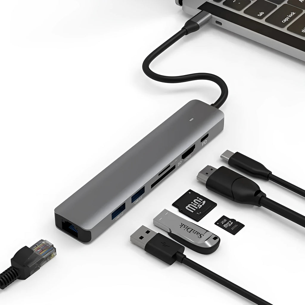 LQT-LH07 7-in-1 card reader USB hub for laptop and desktop expansion.