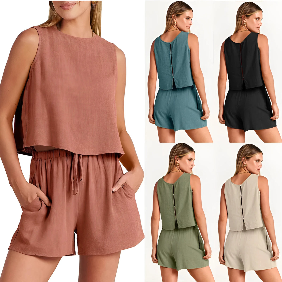 Women's summer two-piece set showing sleeveless top and drawstring shorts in rayon-linen blend fabric