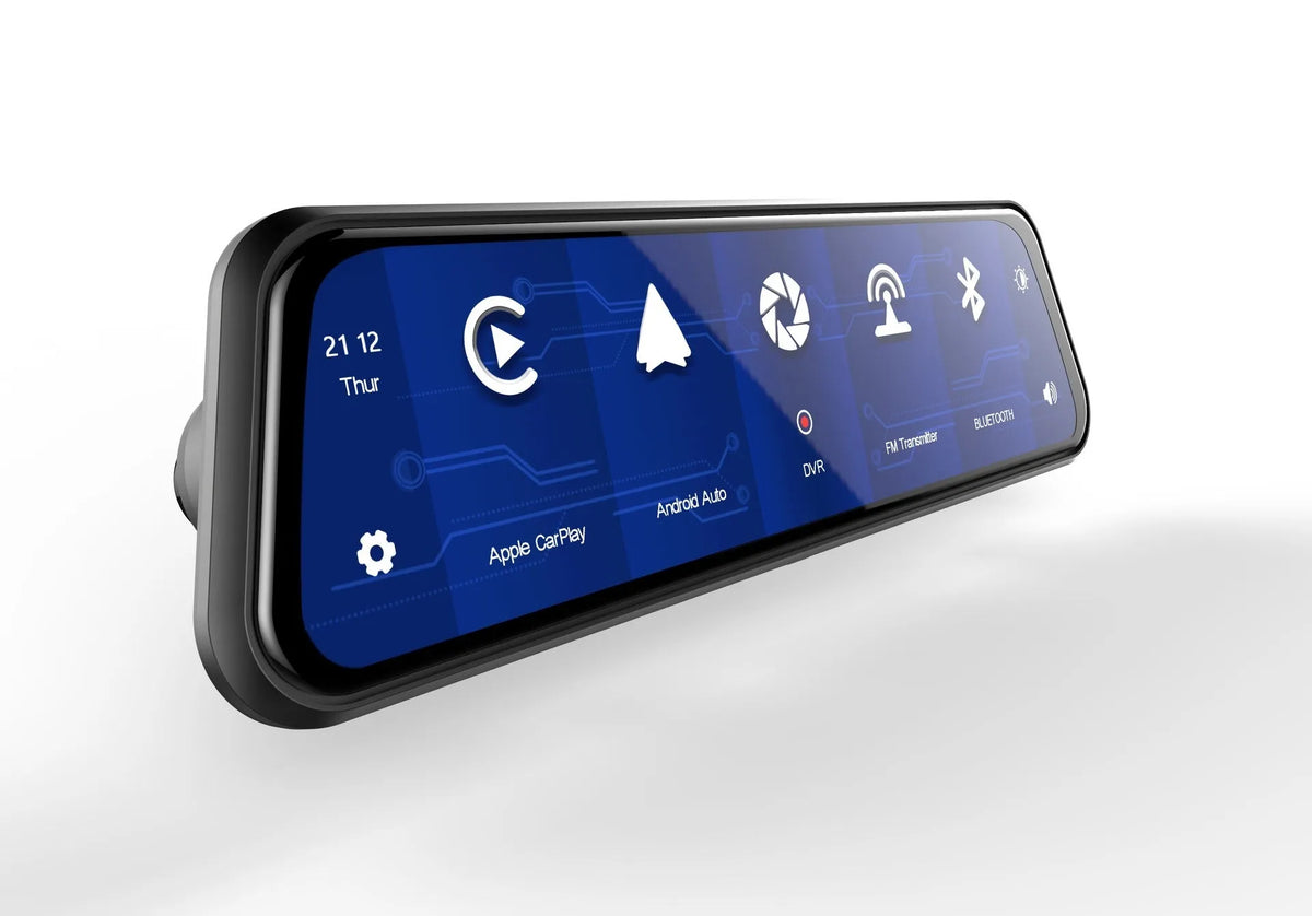 Black dual-lens driving recorder with 9.66-inch touch screen mounted on a car rearview mirror.