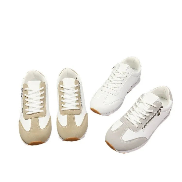 Women's flat-heeled shoes in artificial PU with rubber sole, available in grey, white, and champagne colours