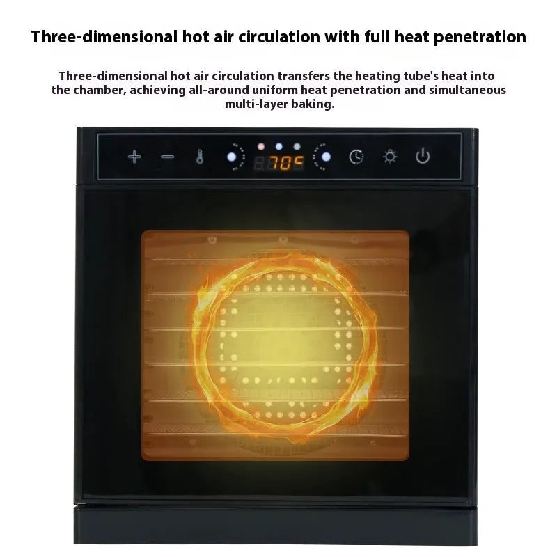 Stainless steel fruit dehydrator appliance with multiple stacking trays and an LED control panel.