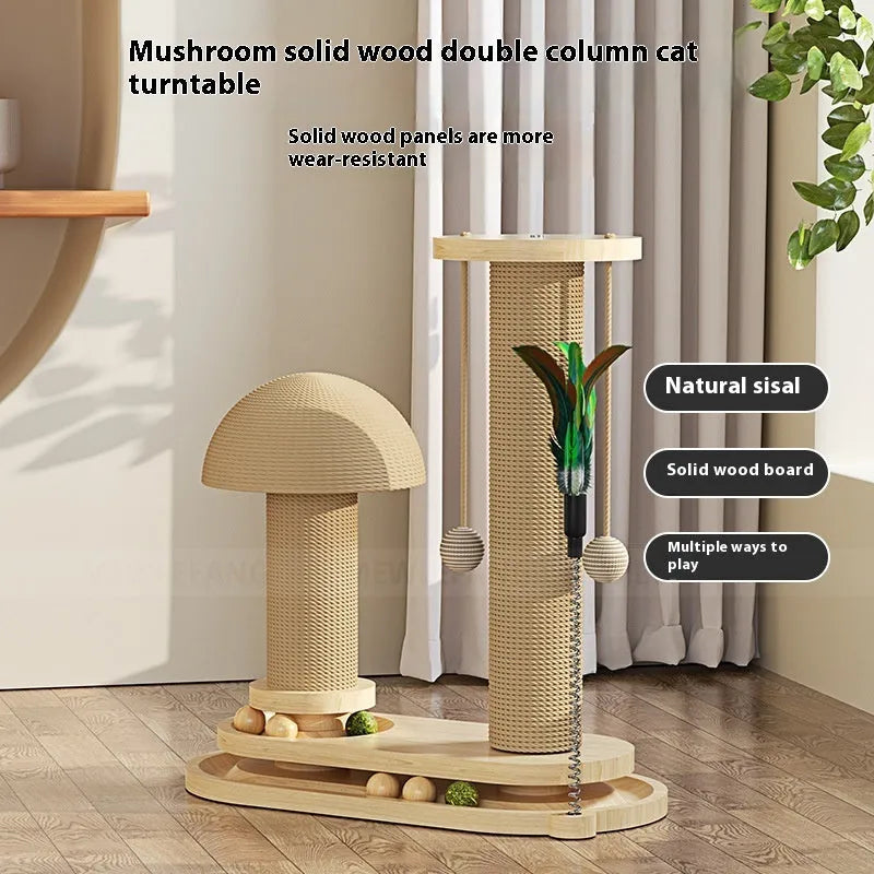 Solid wood cat scratching post with a rotating turntable, designed as a climbing frame for large cats.