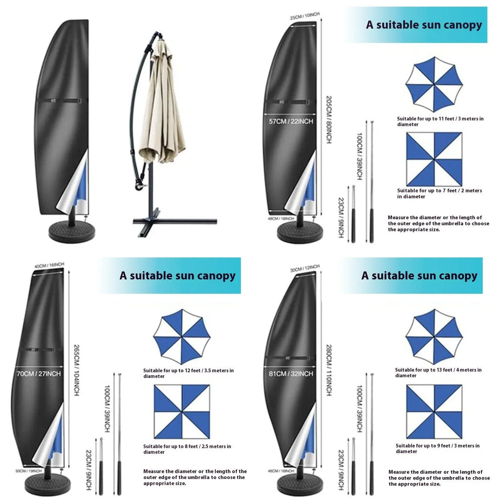 Black waterproof Oxford cloth cover for an offset banana-shaped garden parasol.