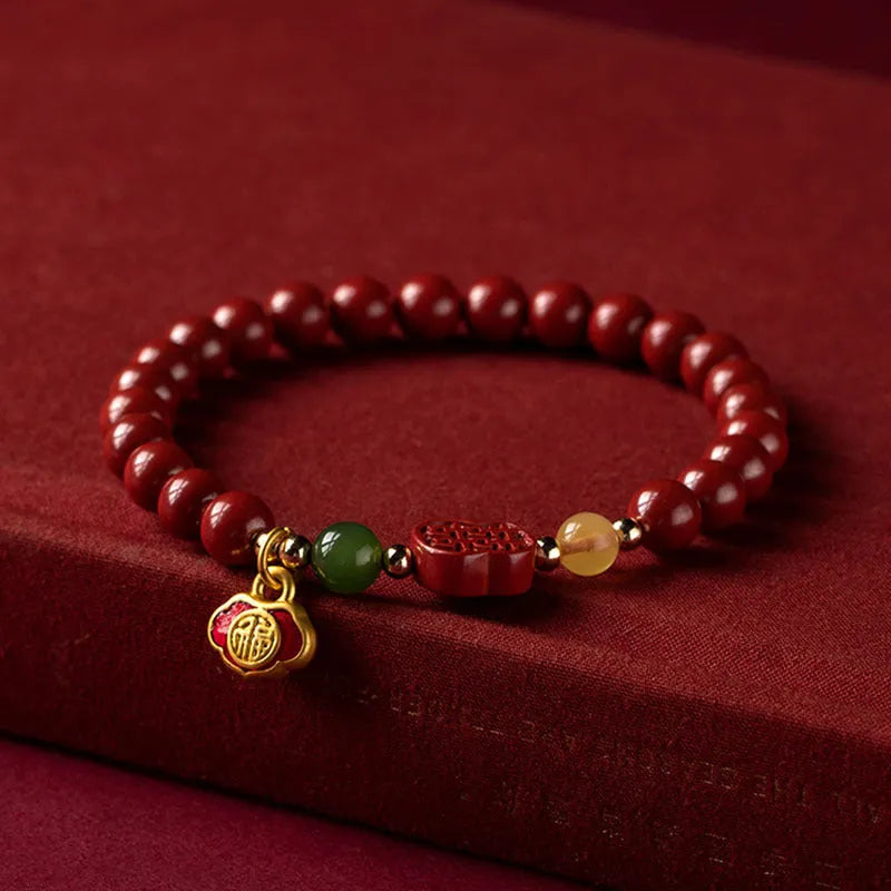 New Chinese style fu character cinnabar bracelet with emperor sandstone beads