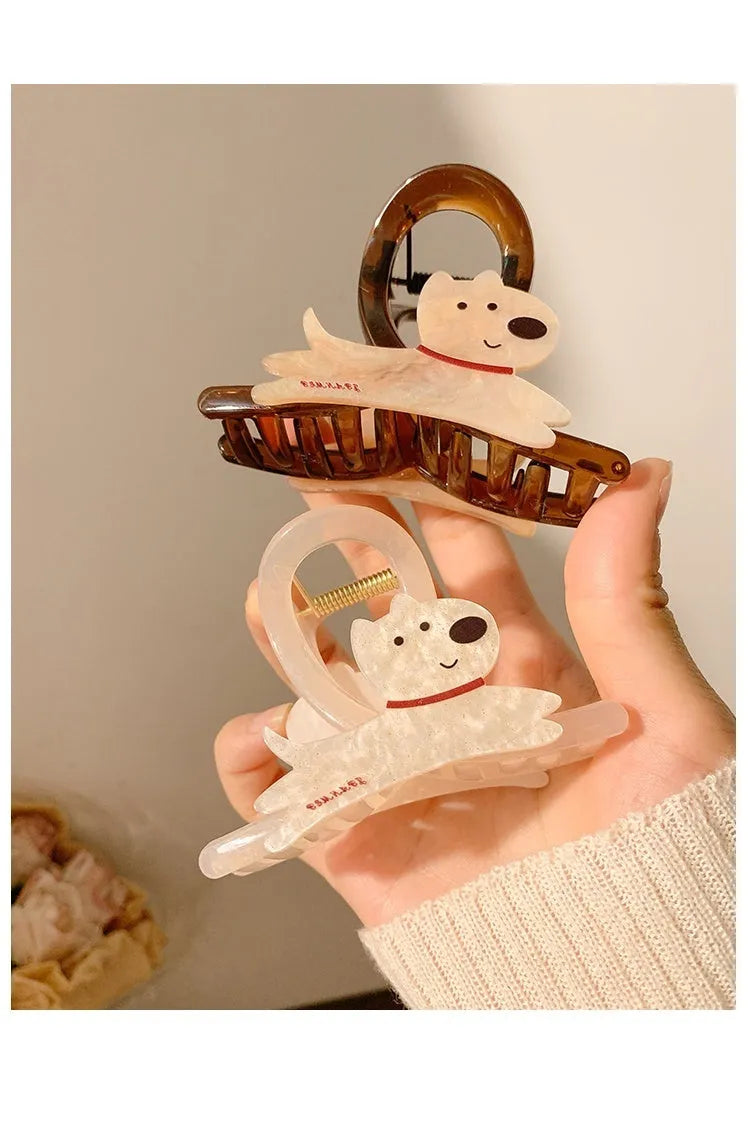 Beige and brown cartoon puppy barrette hair clips on white background