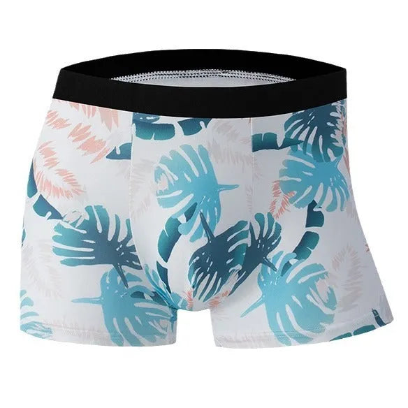 Men's ice silk underwear in a mid waist style with a floral fashion print on breathable polyester fabric.