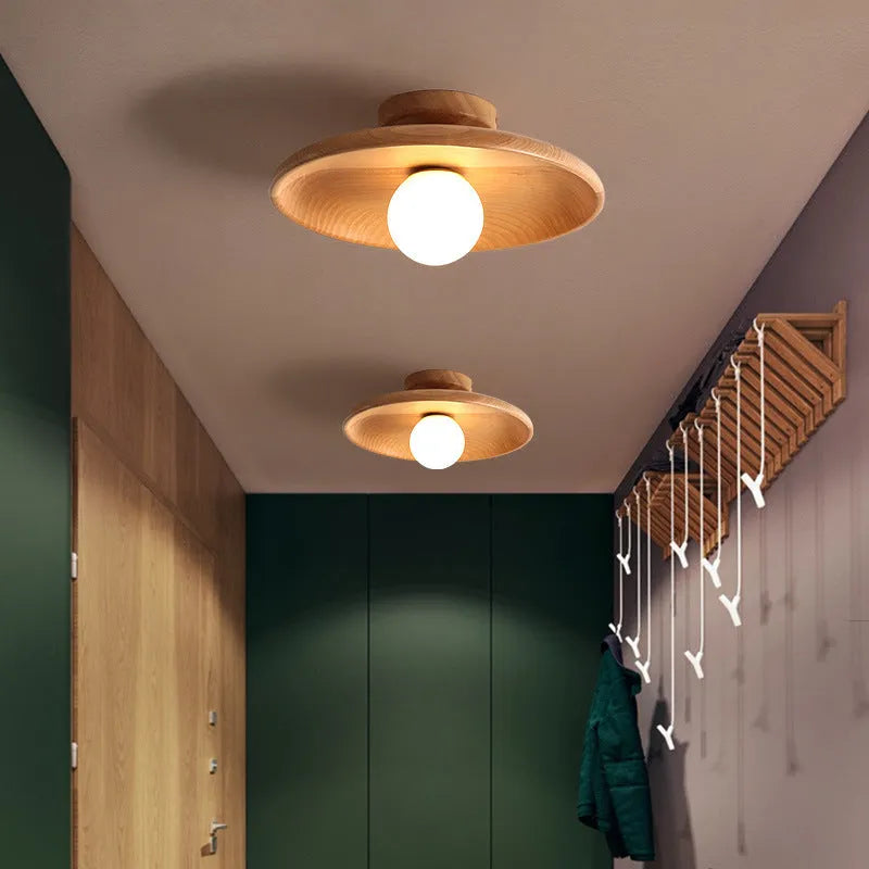 Minimalist solid wood and glass ceiling lamp in walnut colour