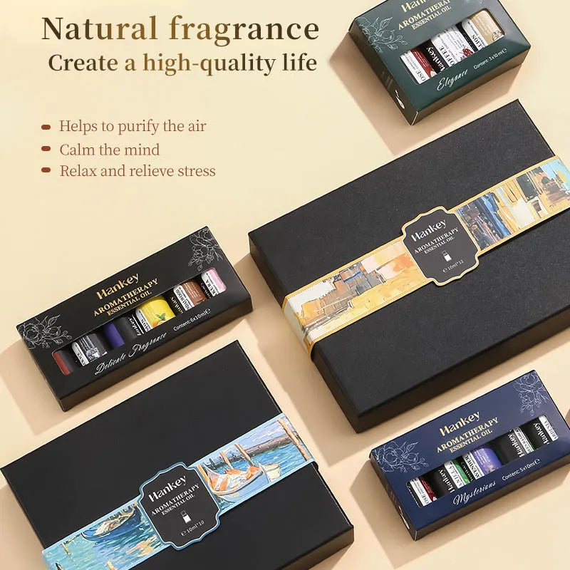 Boxed set of water-soluble aromatherapy essential oils for fresh air function, showing multiple bottles.
