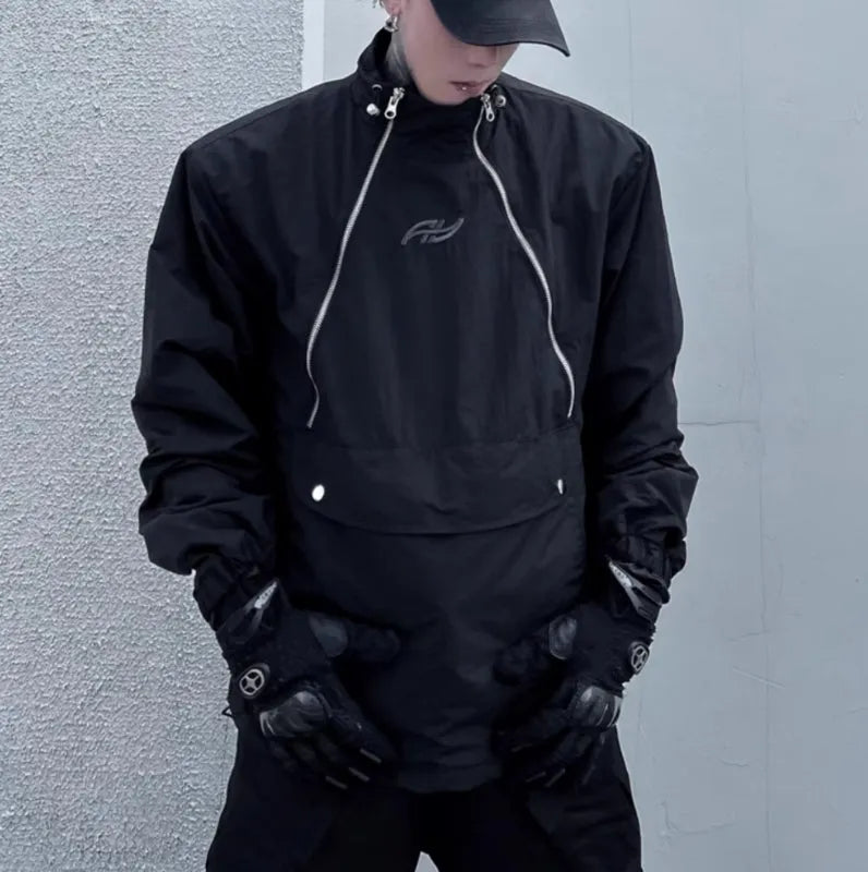 Black double zipper stand collar shell jacket in 100% polyester, men's outerwear, sizes M L XL