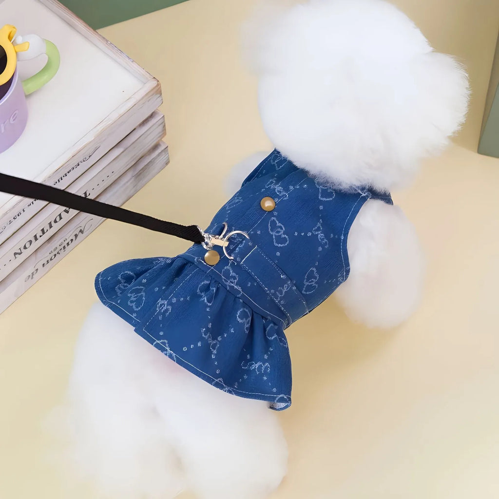 Small dog wearing denim princess dress with bracket-skirt style in classic denim colour