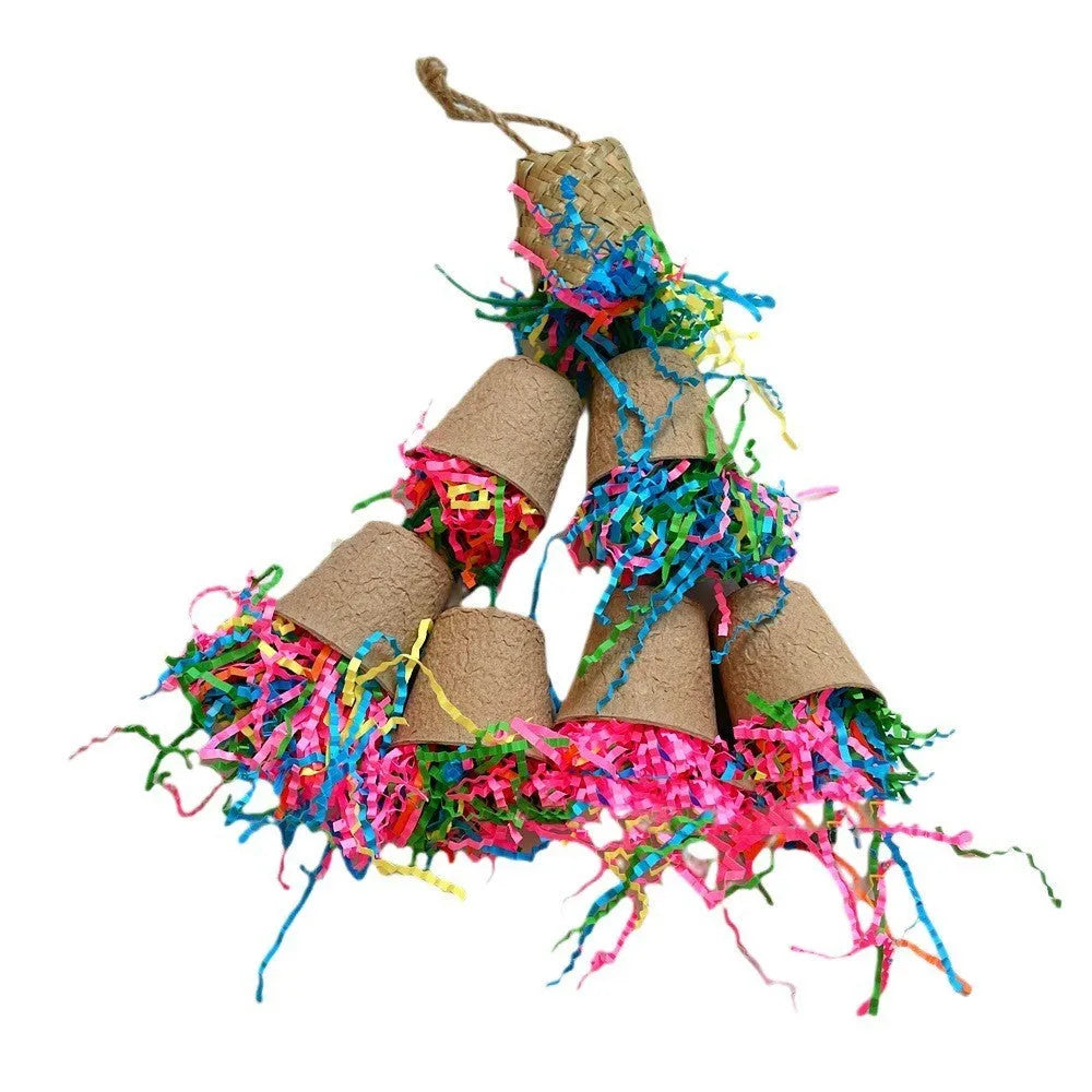 Parrot paper cup weaving gnawing toy with palm fibre construction hanging from cage