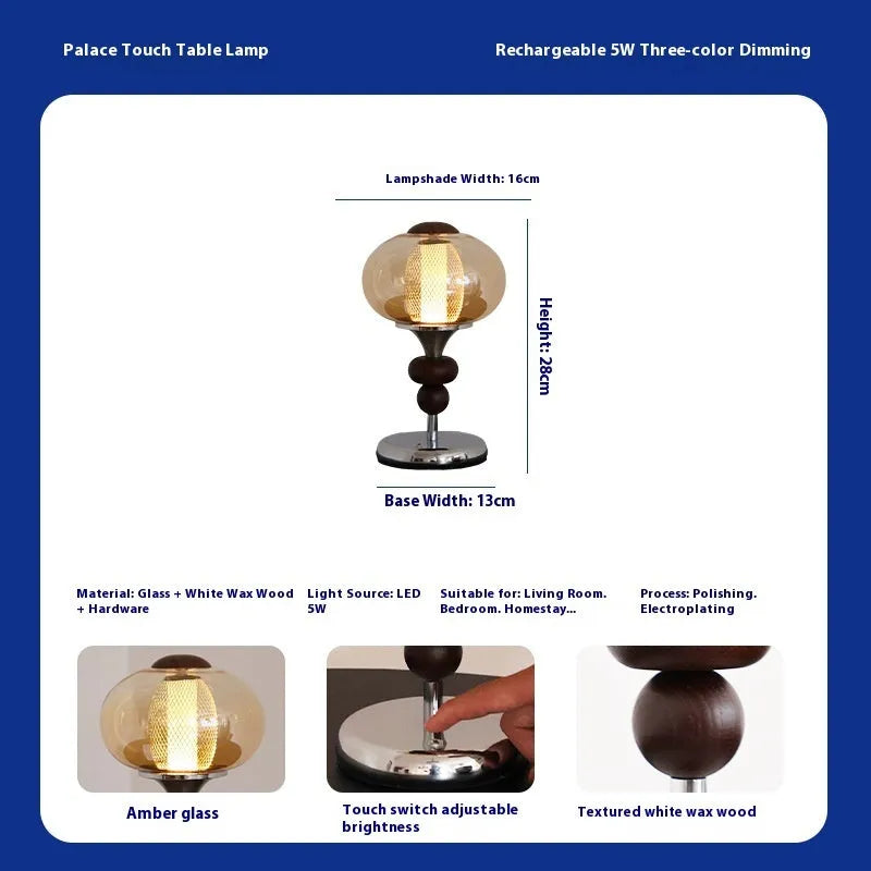 Solid wood retro palace style table lamp with USB charging port and touch controls