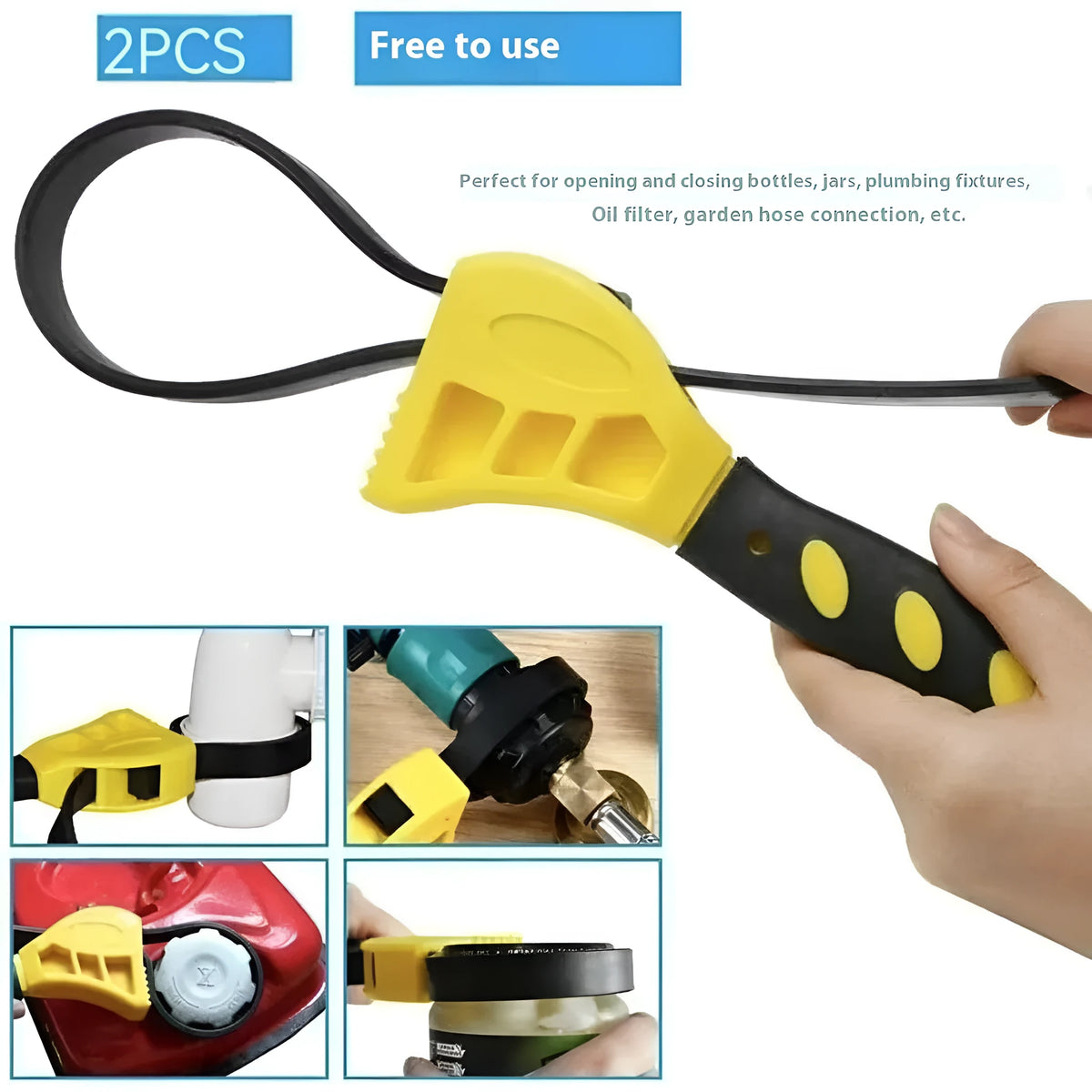 A 6-inch and an 8-inch adjustable rubber strap wrench with plastic handles on a workbench.