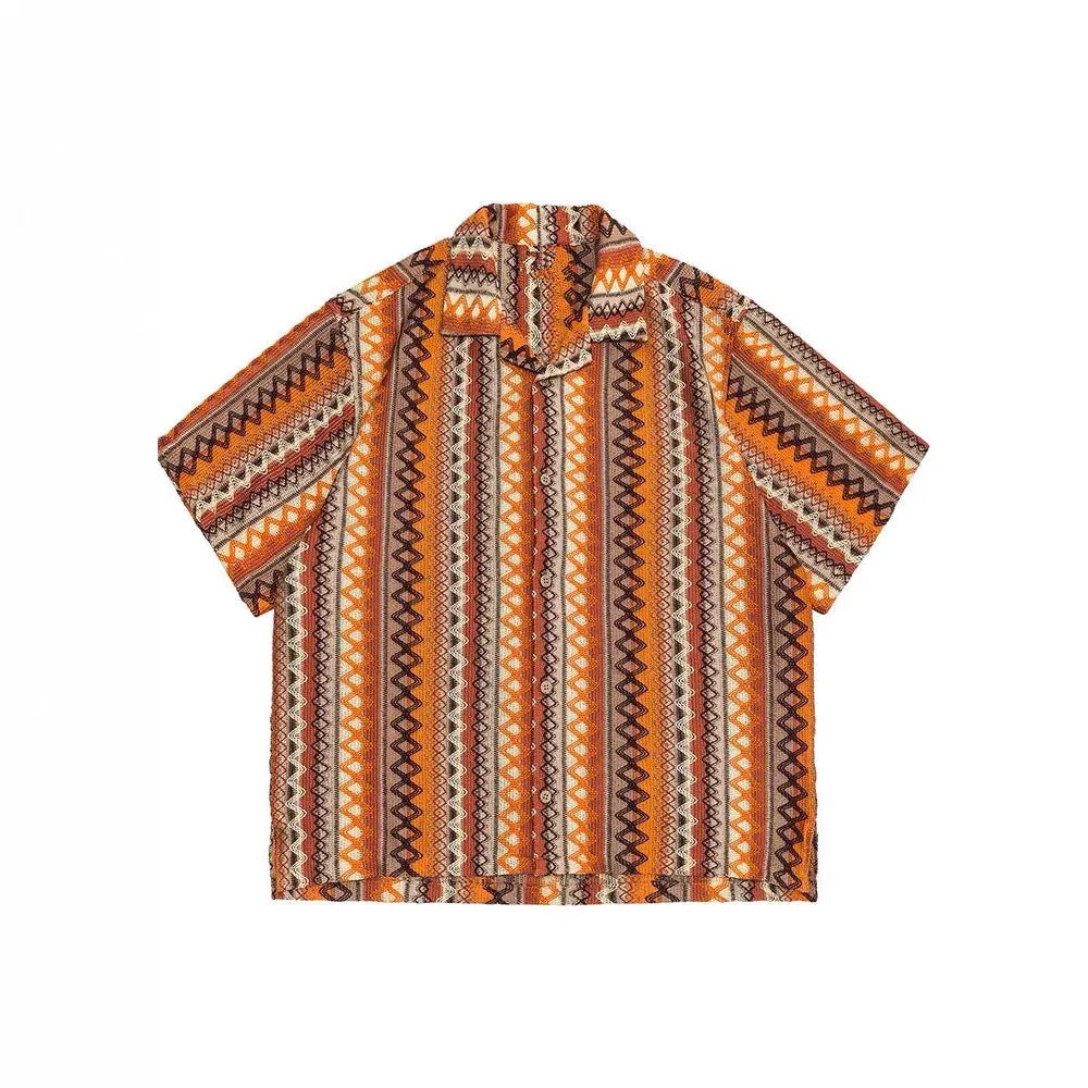 Ethnic style woven Cuban collar shirt in contrast colours with loose fit and drop shoulders.