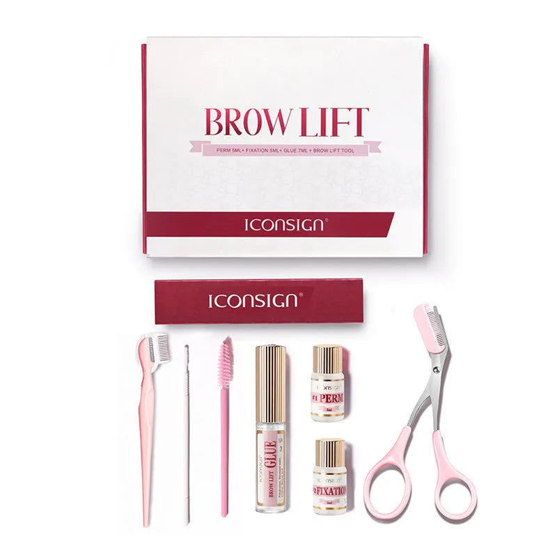 Pink eyebrow quick ironing perm kit with complete eyebrow styling tools and application implements