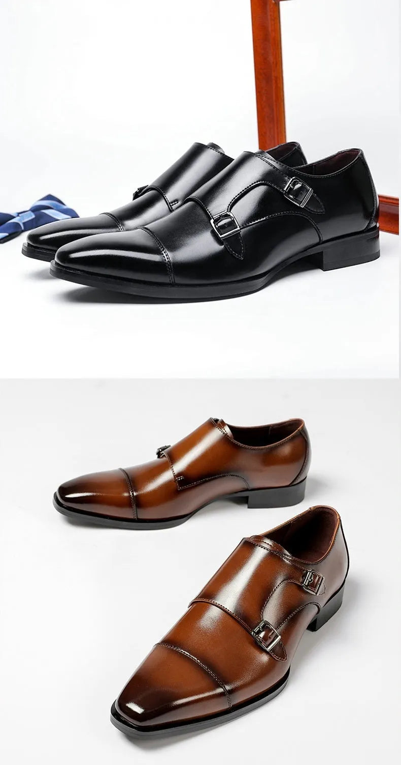 Men's black leather square-toe business shoes with metal sewn detailing and rubber sole