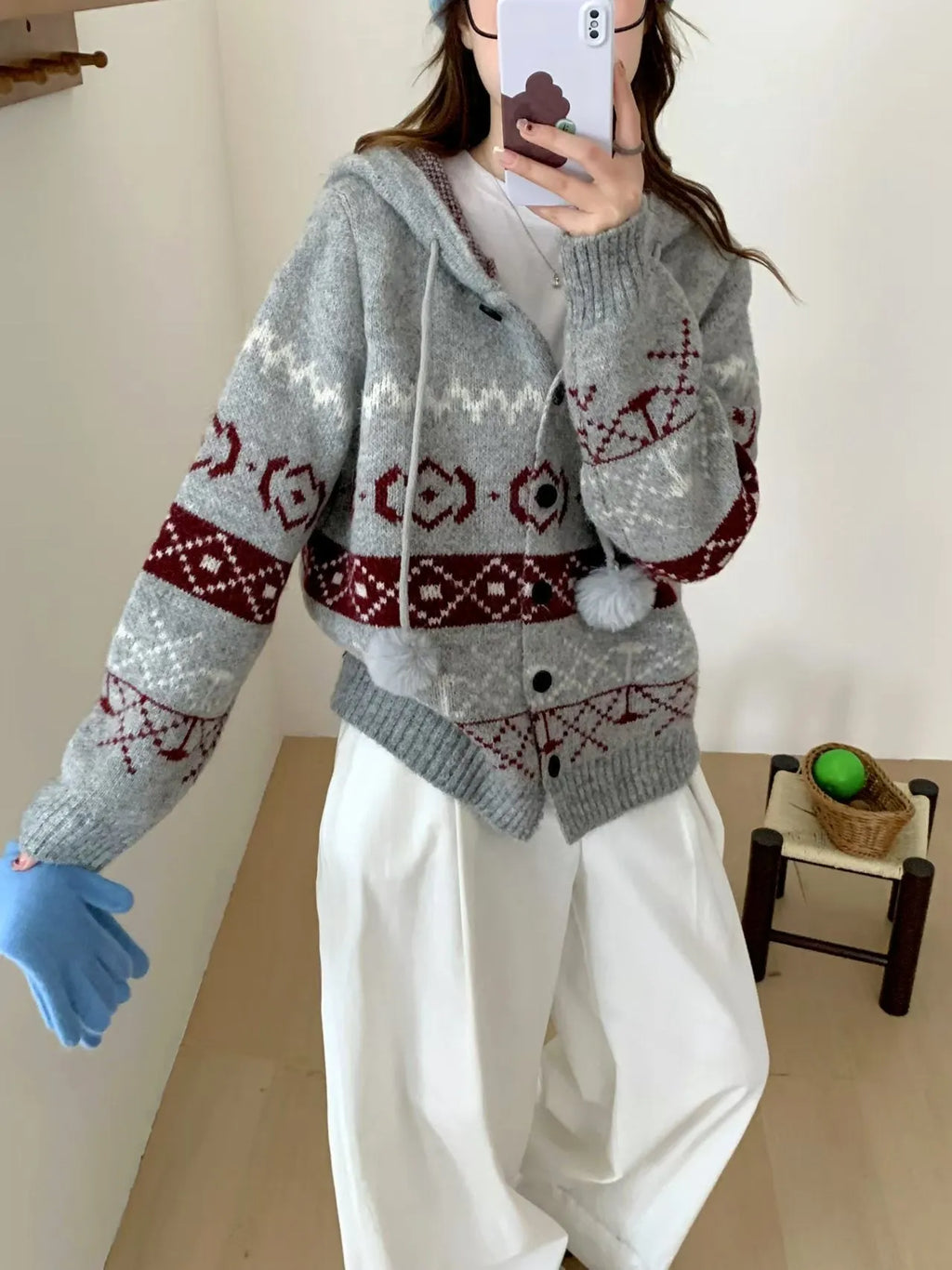 Plus size women's brocade sweater coat with geometric pattern in milky white