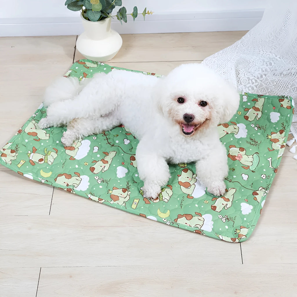 Reusable washable pet urine pad with non-slip backing in Animal World pattern, laid flat on floor.