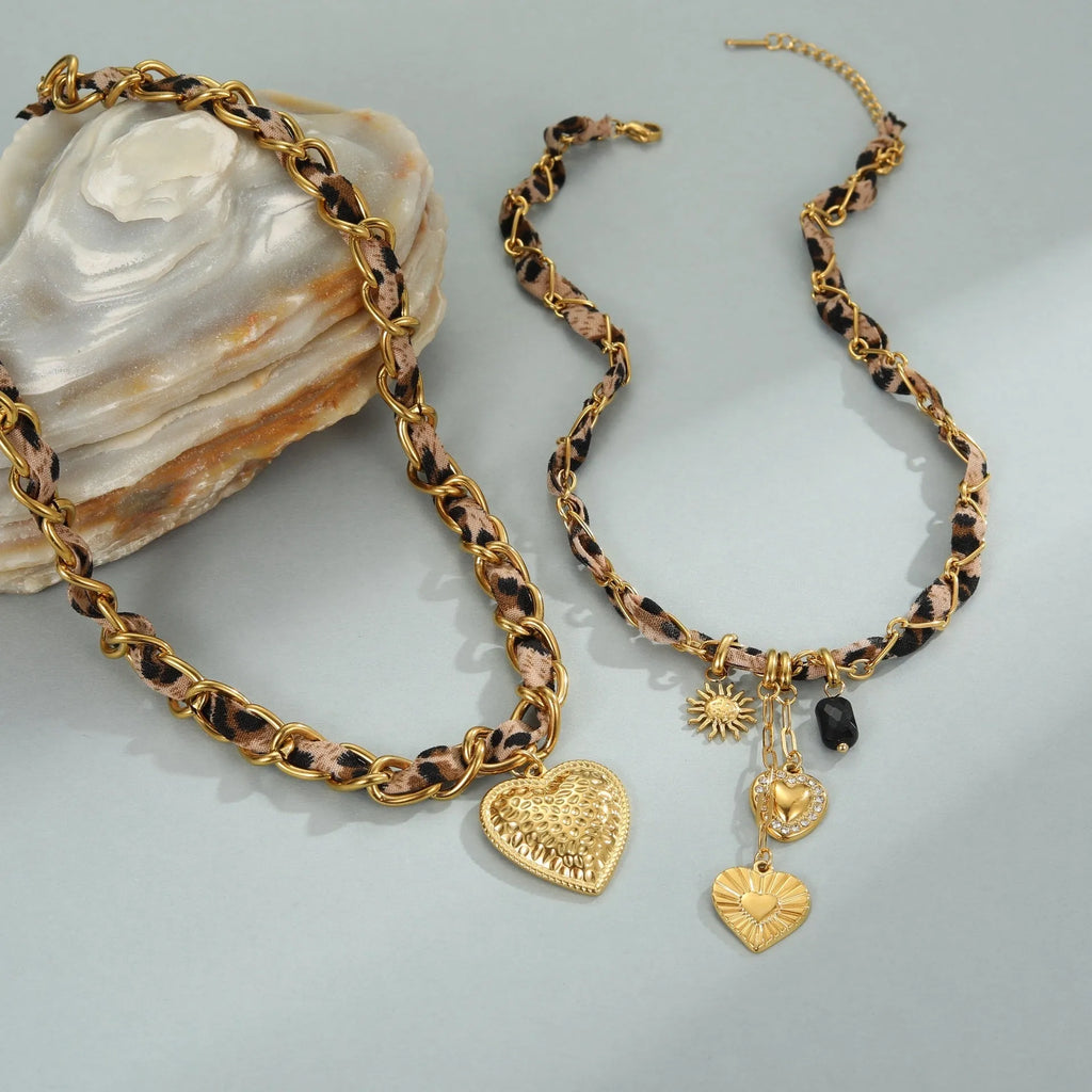 Stainless steel necklace with 18K gold electroplated leopard love pendant on adjustable 41-50cm chain