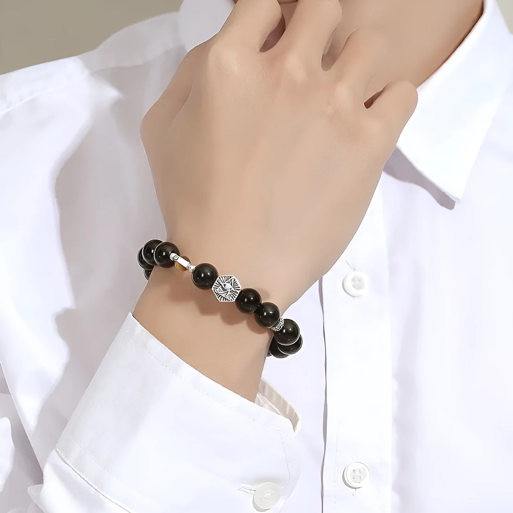 Men's S925 sterling silver bracelet with 8mm obsidian God's Eye geometric inlay.