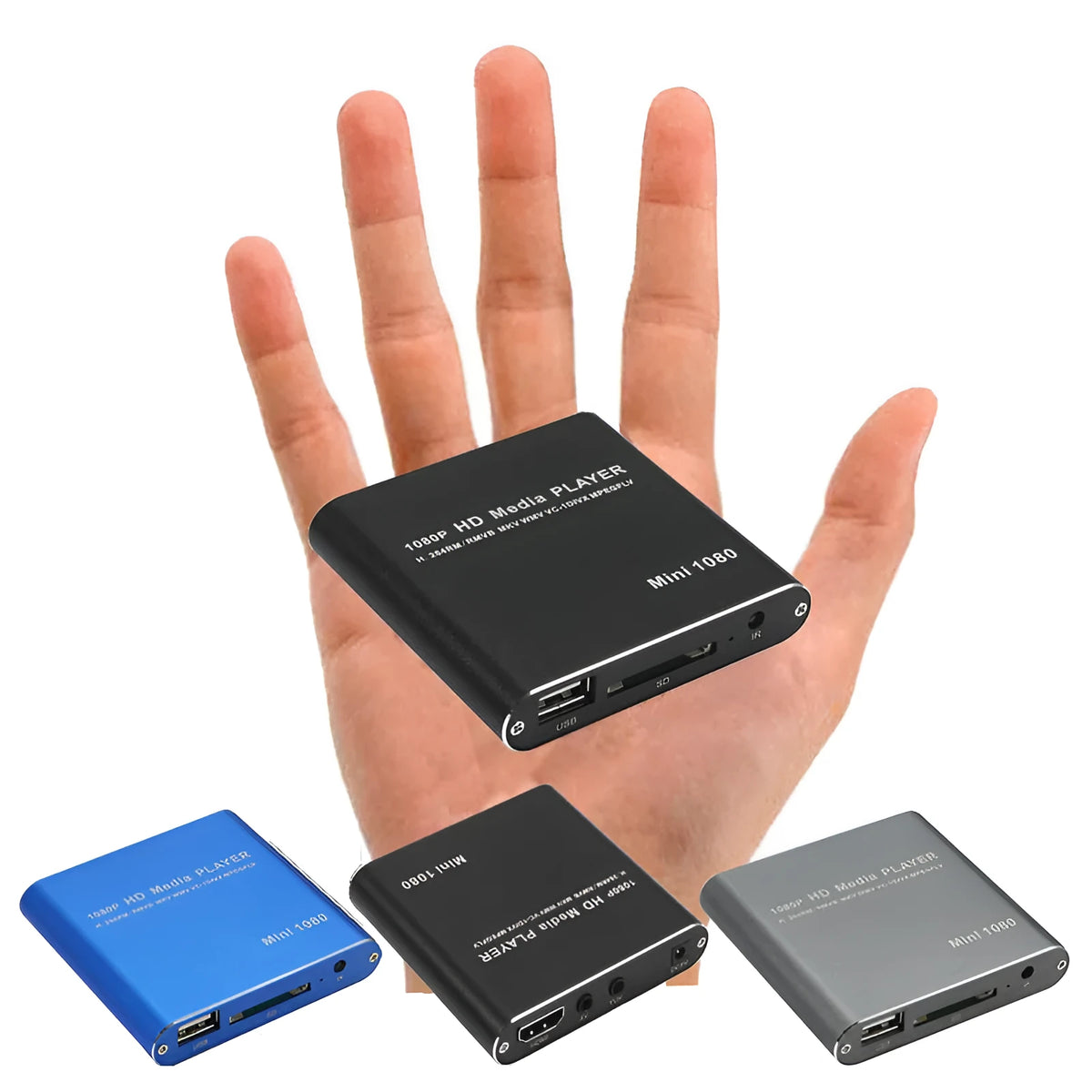 Compact blue metal 1080P Full HD media player with HDMI for USB and SD cards