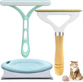 Three-piece pet hair remover set showing metal scraper, silicone lint brush, and round upholstery cleaner
