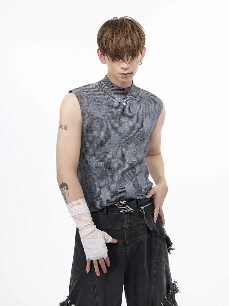 Men's black sleeveless vest with a stand collar and silver brushed detail, showing pullover design.