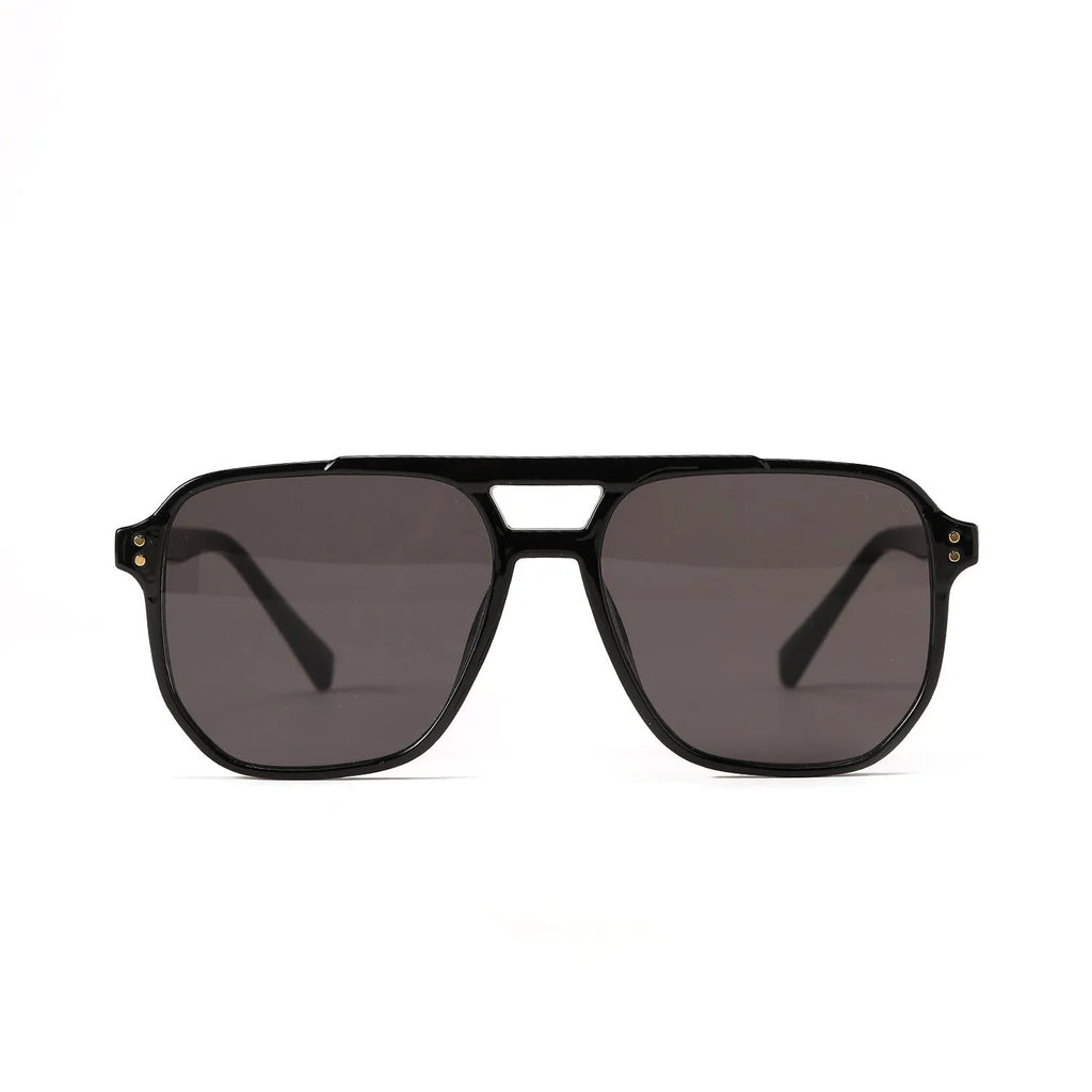 Square double beam fashion sunglasses for women in black framed pink lens colourway showing full-frame construction