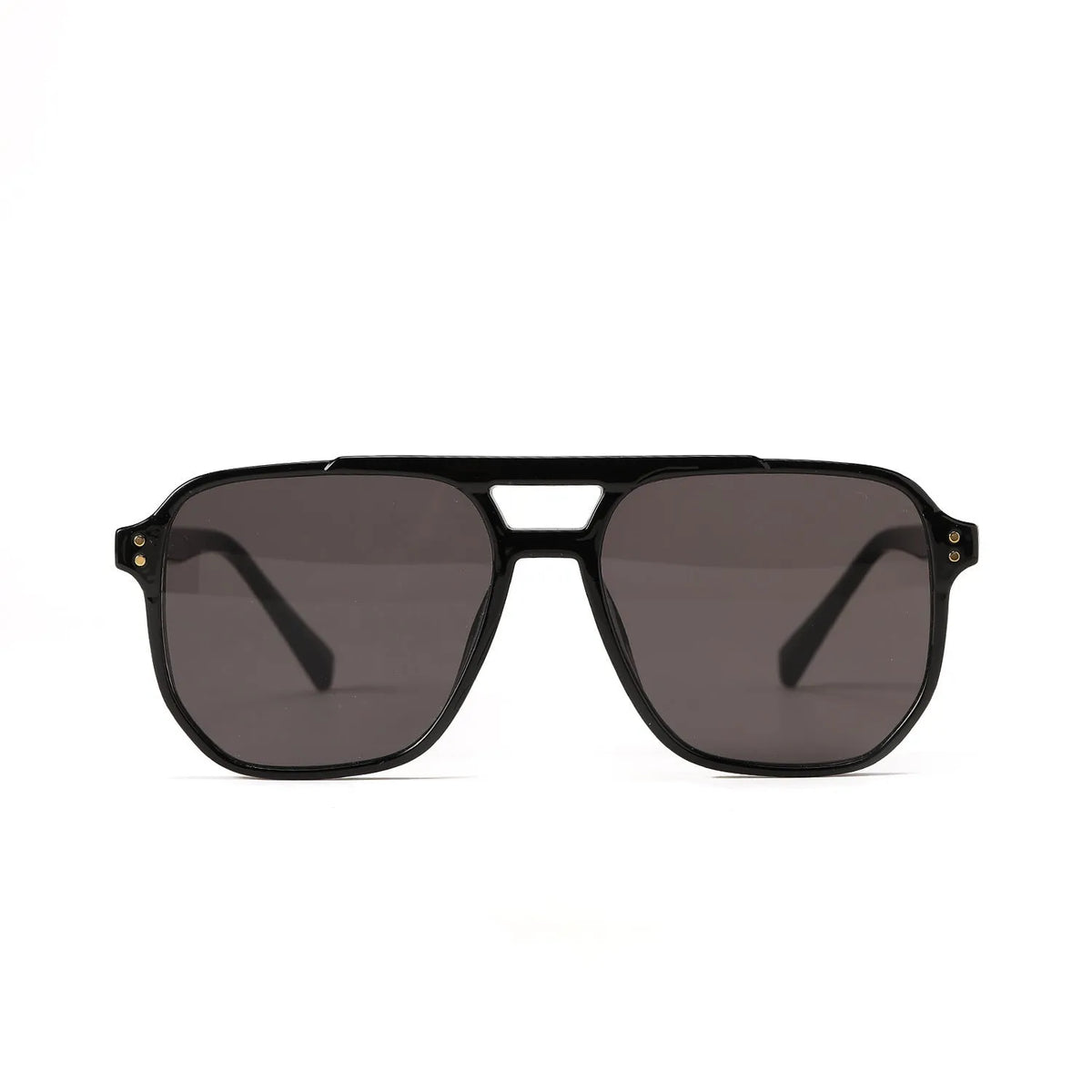Square double beam fashion sunglasses for women in black framed pink lens colourway showing full-frame construction