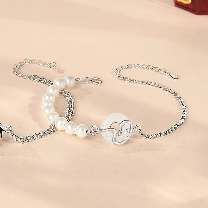 925 sterling silver bracelet with safe buckle, snake design, and obsidian pearl for men and women.
