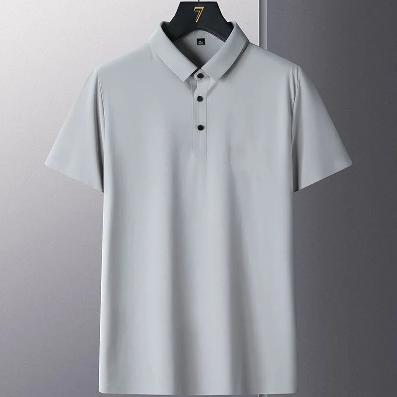 Man wearing a solid colour non-ironing short sleeve business casual shirt in navy blue.