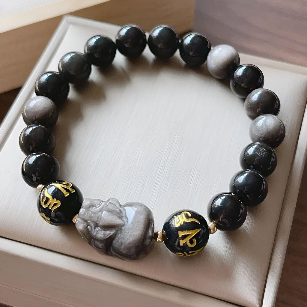 Men's silver stone bracelet with zodiac and proverb beads in Chinese style