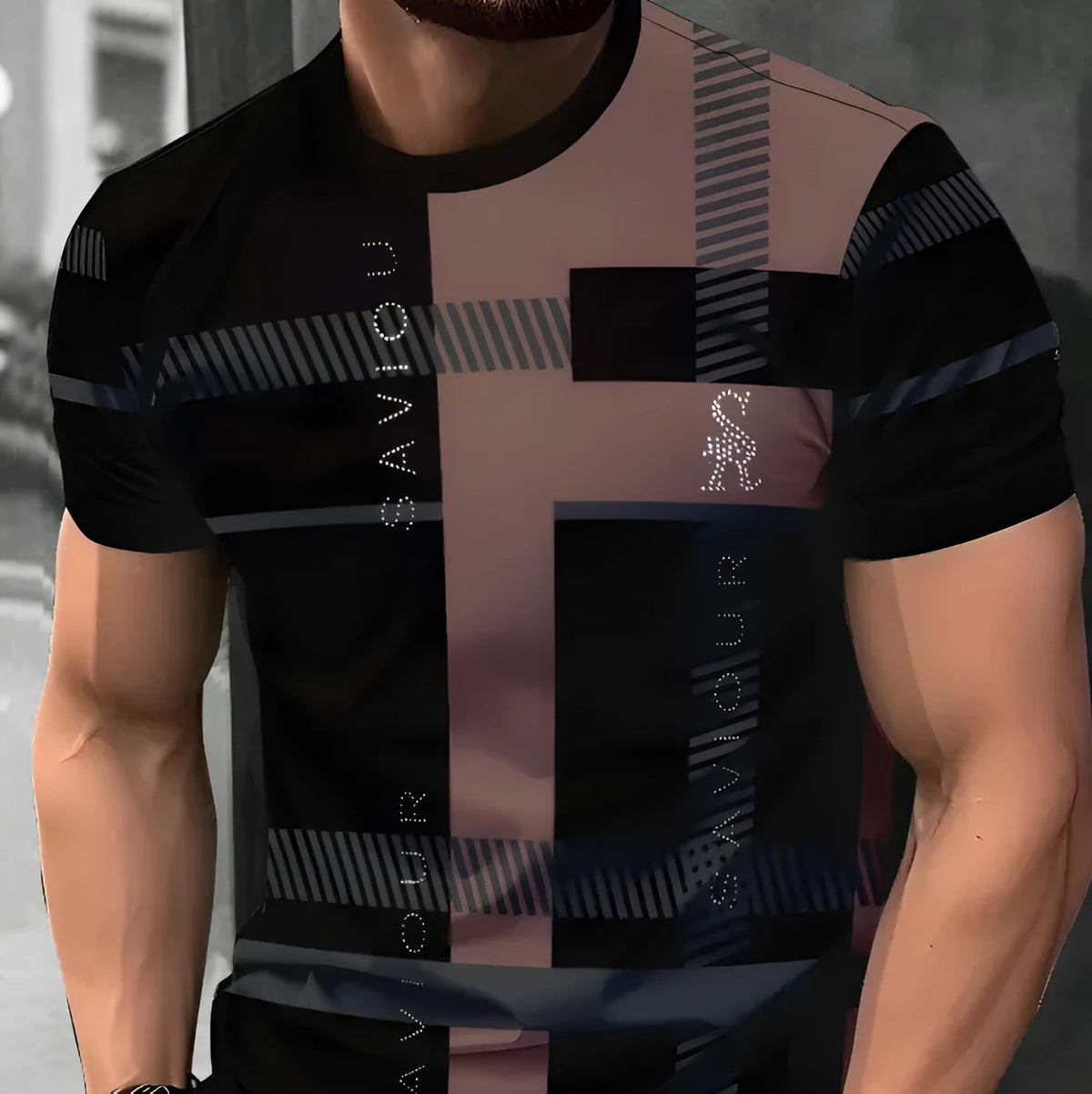 Men's loose fit short-sleeved T-shirt with 3D printed stripe patterns in business casual style