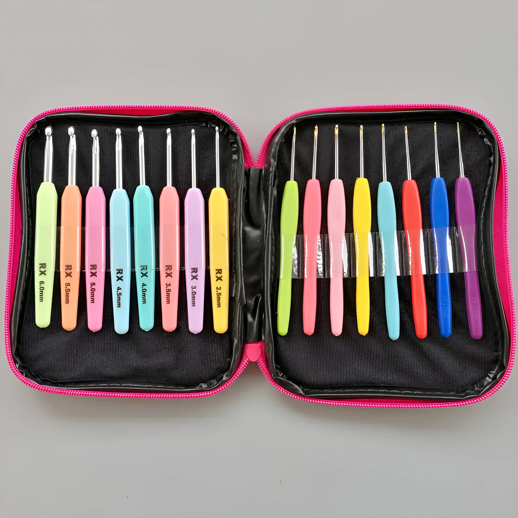 16-piece crochet hooks set with soft and hard plastic handles in PU storage bag