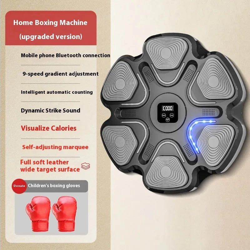 Smart music boxing machine wall target with electronic display and focus gloves on white wall.