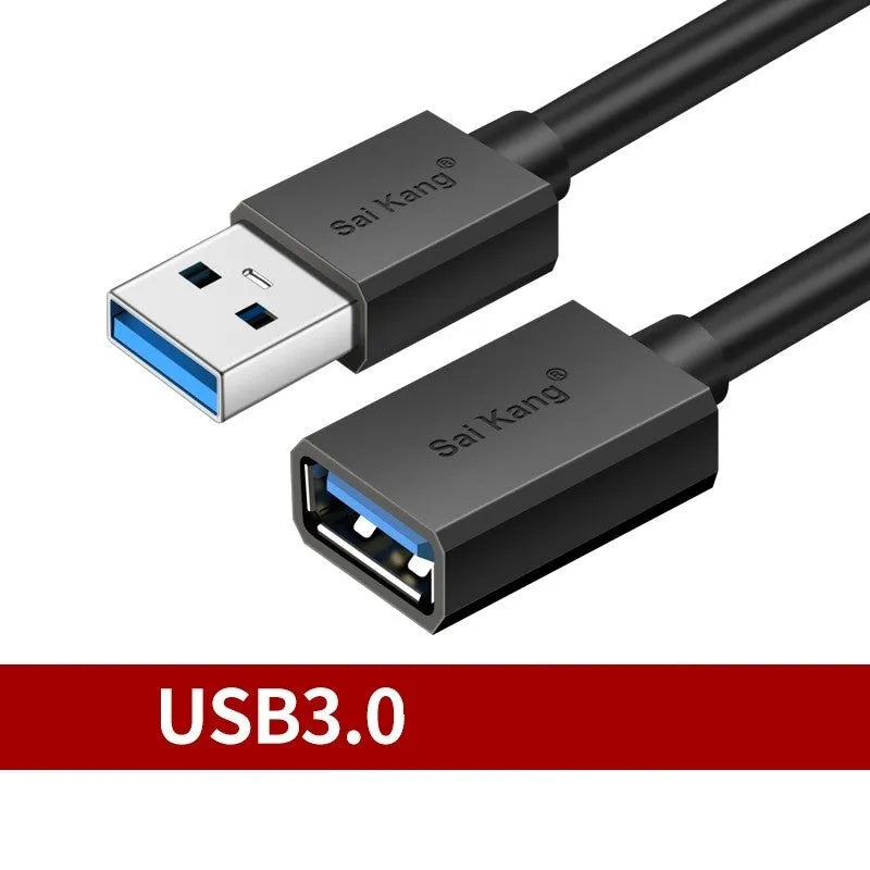 Black USB extension cable with male and female connectors, showing different length options available.