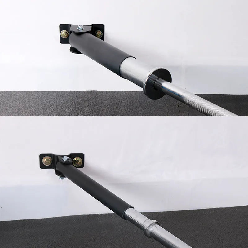 Steel pipe wall rack holding multiple barbell rods, with two inner diameter size options shown.