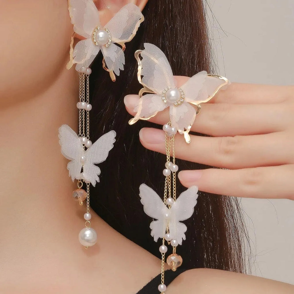 White butterfly earrings with tassel lace, pearls and rhinestones for women