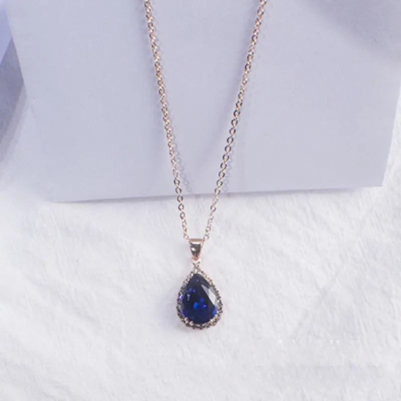 Rose gold pink women's geometric rhinestone necklace with drop shape pendant