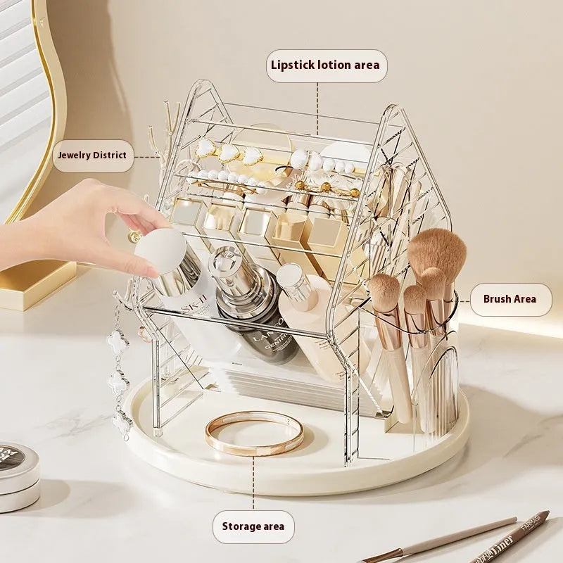 Rotating cosmetics storage box with 360-degree spin in clear transparent plastic