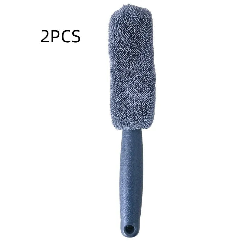 Grey microfiber long handle car tyre brush for cleaning alloy wheels and hub assemblies