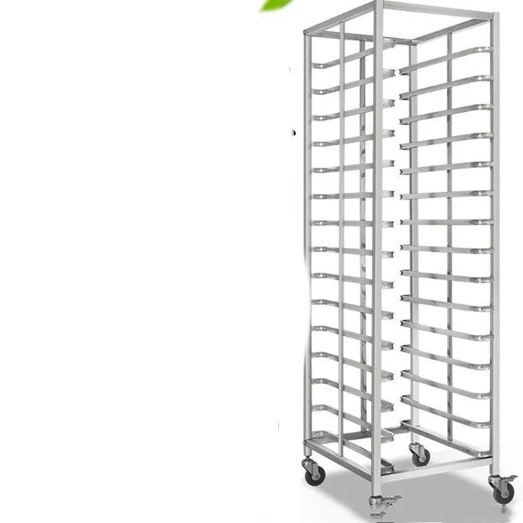 Stainless steel six-layer baking tray rack with locking mechanism and 40x60cm sheets.
