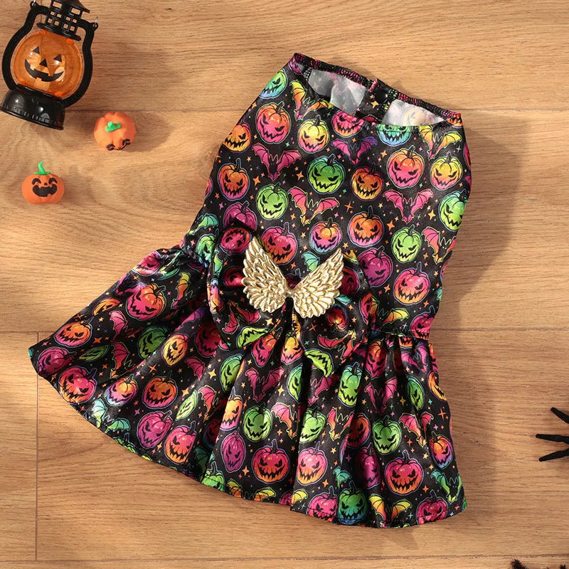 Halloween dog costume with angel wings in bright pumpkin orange or bat print design
